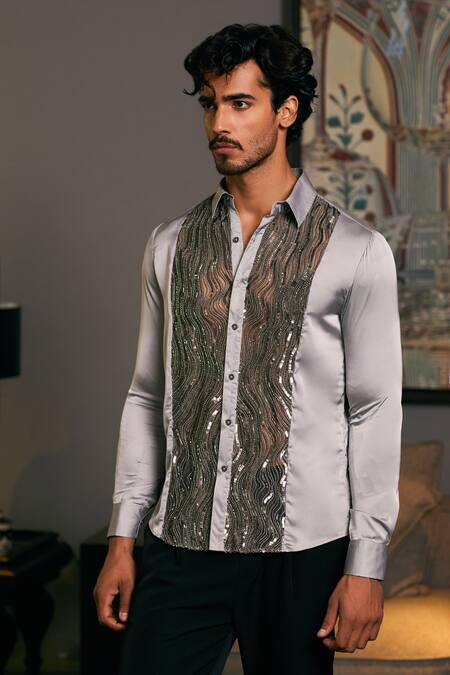 Buy Siddartha Tytler Grey Lycra, Satin Beads, Sequins Panel Embroidered Shirt Online at Aza Fashions Buy_Siddartha Tytler_Grey Lycra, Satin Beads, Sequins Panel Embroidered Shirt _Online_at_Aza_Fashions