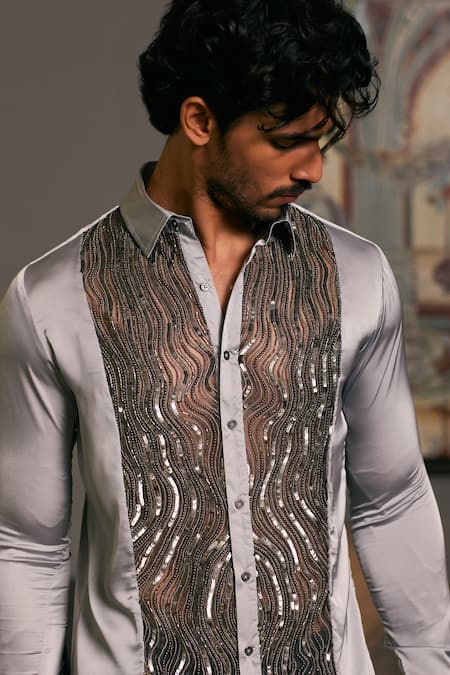Shop Siddartha Tytler Grey Lycra, Satin Beads, Sequins Panel Embroidered Shirt Online at Aza Fashions Shop_Siddartha Tytler_Grey Lycra, Satin Beads, Sequins Panel Embroidered Shirt _Online_at_Aza_Fashions