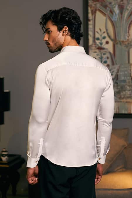 Shop_Siddartha Tytler_Ivory Lycra, Satin Sequins, Beads Panel Embroidered Shirt _at_Aza_Fashions