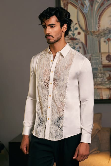 Siddartha Tytler_Ivory Lycra, Satin Sequins, Beads Panel Embroidered Shirt _Online_at_Aza_Fashions