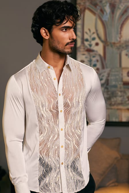 Buy_Siddartha Tytler_Ivory Lycra, Satin Sequins, Beads Panel Embroidered Shirt _Online_at_Aza_Fashions