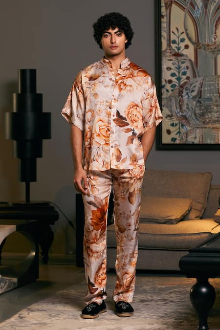 Siddartha Tytler Beige Bemberg Satin Printed Rose Moth Shirt With Pyjama Pant 