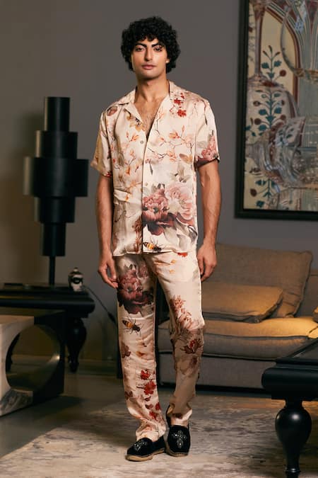 Siddartha Tytler Beige Bemberg Satin Printed Bumble Bee Floral Shirt With Pyjama Pant 