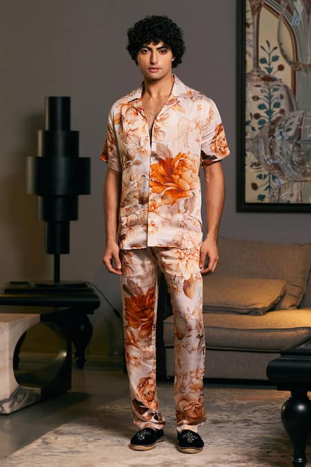 Siddartha Tytler Beige Bemberg Satin Printed Floral Rose Shirt With Pyjama Pant 