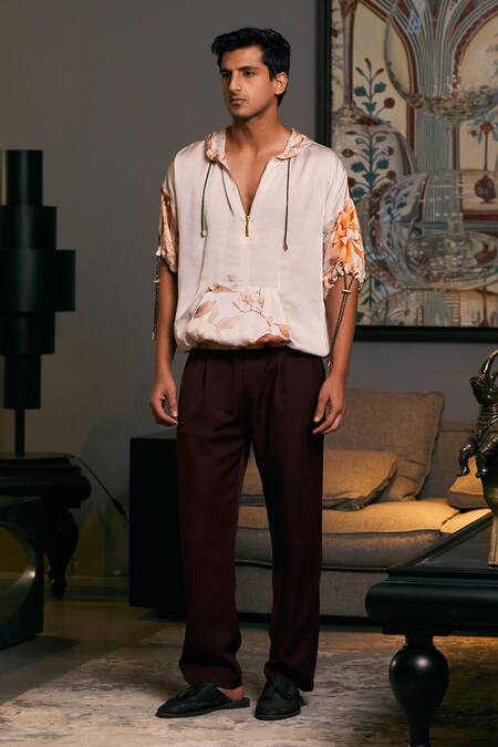 Siddartha Tytler_Beige Satin Crystals Geo Moth Print Jumper_Online_at_Aza_Fashions