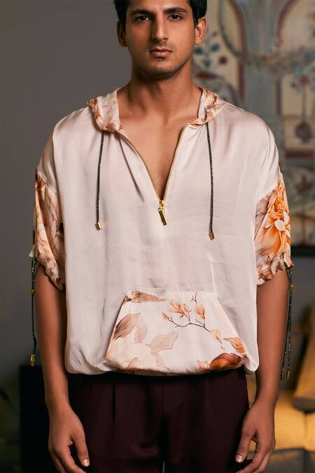 Buy_Siddartha Tytler_Beige Satin Crystals Geo Moth Print Jumper_Online_at_Aza_Fashions