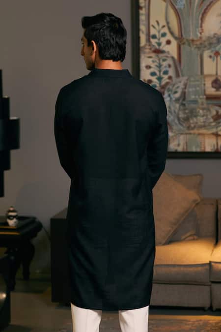 Shop_Siddartha Tytler_Black Linen Metallic Thread Geo Stripped Kurta _at_Aza_Fashions