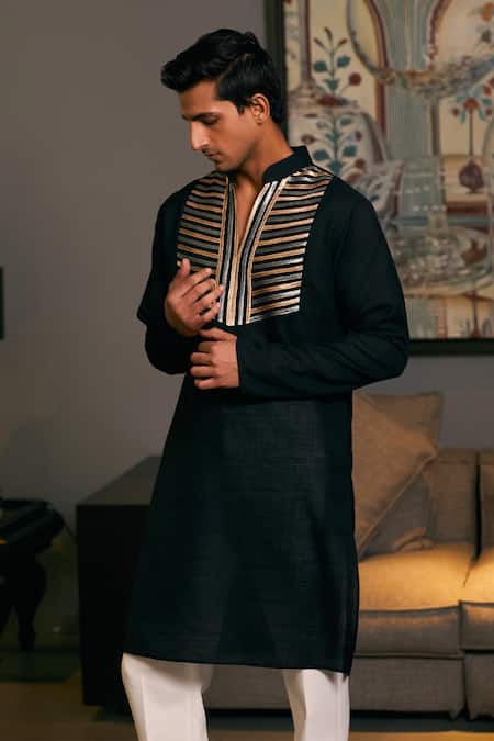 Siddartha Tytler_Black Linen Metallic Thread Geo Stripped Kurta _Online_at_Aza_Fashions