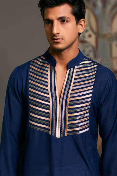 Siddartha Tytler_Blue Linen Embroidery Metallic Stripped Kurta _Online_at_Aza_Fashions