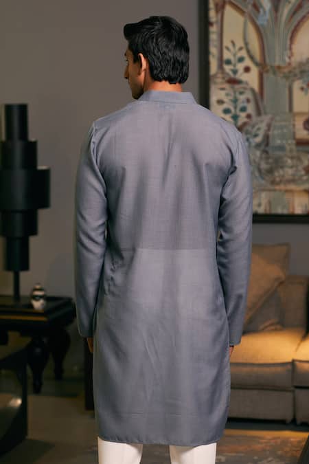 Shop Siddartha Tytler Grey Linen Embroidery Metallic Stripped Yoke Kurta at Aza Fashions Shop_Siddartha Tytler_Grey Linen Embroidery Metallic Stripped Yoke Kurta _at_Aza_Fashions