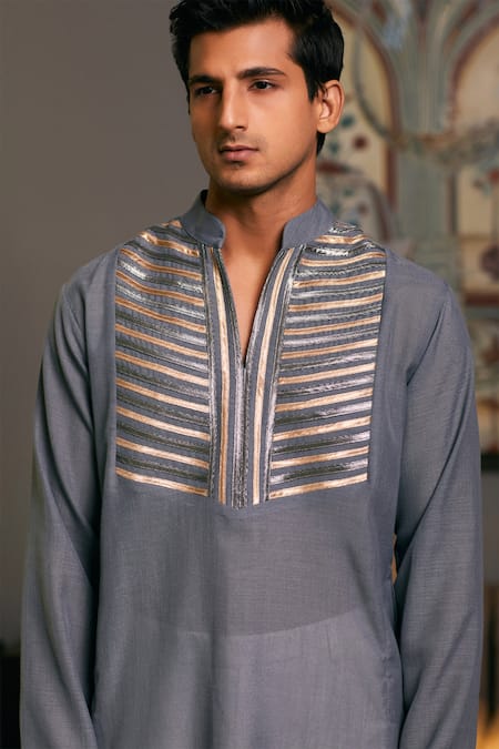 Siddartha Tytler Grey Linen Embroidery Metallic Stripped Yoke Kurta Online at Aza Fashions Siddartha Tytler_Grey Linen Embroidery Metallic Stripped Yoke Kurta _Online_at_Aza_Fashions
