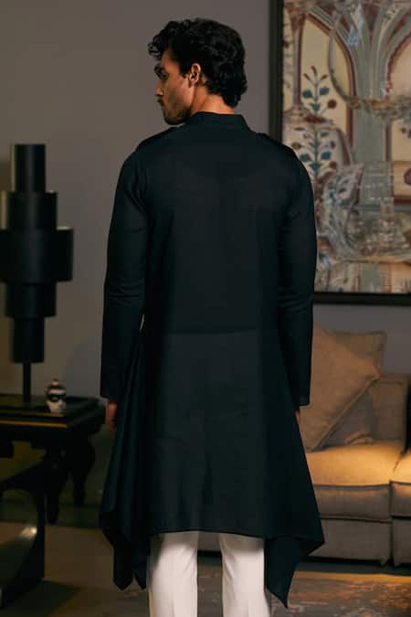 Shop_Siddartha Tytler_Black Linen Geo Draped Asymmetric Kurta _at_Aza_Fashions