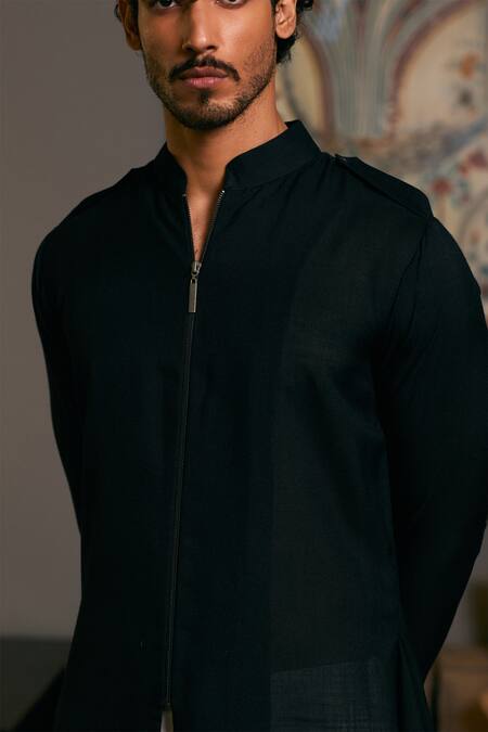 Siddartha Tytler_Black Linen Geo Draped Asymmetric Kurta _Online_at_Aza_Fashions