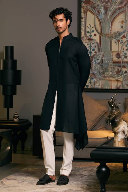 Buy_Siddartha Tytler_Black Linen Geo Draped Asymmetric Kurta _Online_at_Aza_Fashions