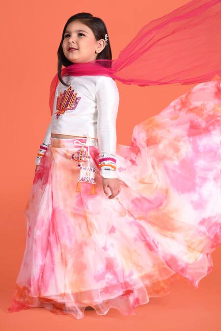 Tutus By Tutu_White Raw Silk Embroidered Mirror Work Lakshmi Tie Dye Lehenga Set_Online_at_Aza_Fashions