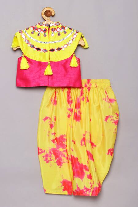 Shop Tutus By Tutu Pink Raw Silk Embroidered Mirror Work Top With Draped Skirt at Aza Fashions Shop_Tutus By Tutu_Pink Raw Silk Embroidered Mirror Work Top With Draped Skirt_at_Aza_Fashions