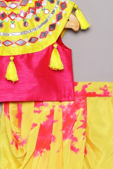 Shop Tutus By Tutu Pink Raw Silk Embroidered Mirror Work Top With Draped Skirt Online at Aza Fashions Shop_Tutus By Tutu_Pink Raw Silk Embroidered Mirror Work Top With Draped Skirt_Online_at_Aza_Fashions