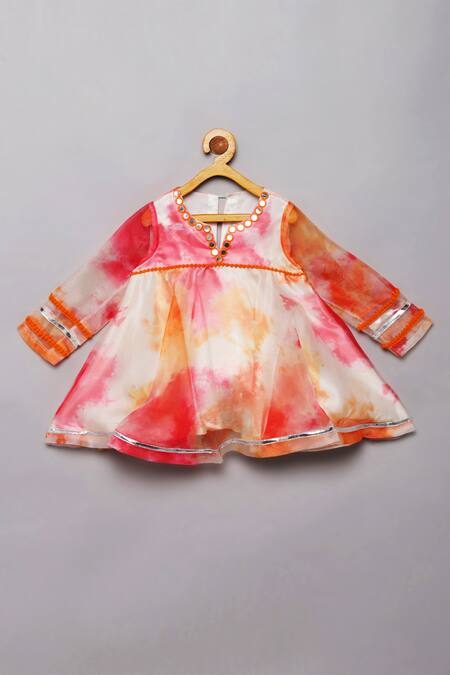 Tutus By Tutu_Orange Organza Embroidered Mirror Work Tie Dye Kurta With Pant_Online_at_Aza_Fashions