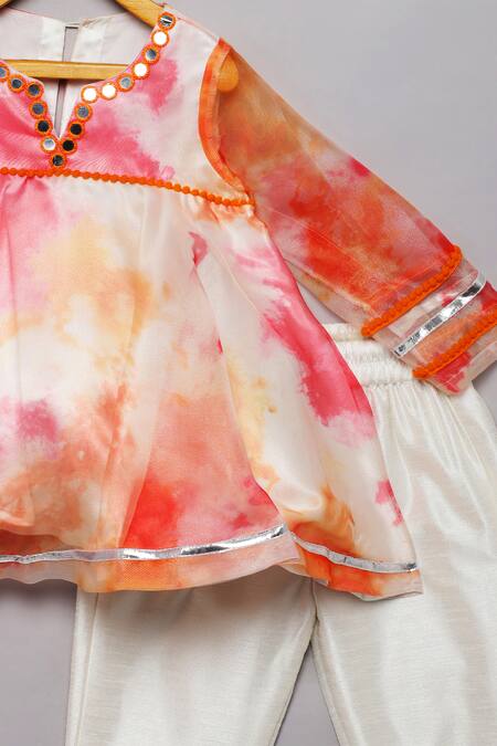 Shop_Tutus By Tutu_Orange Organza Embroidered Mirror Work Tie Dye Kurta With Pant_Online_at_Aza_Fashions