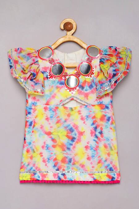 Tutus By Tutu_Pink Georgette Embroidered Mirror Work Tie Dye Dress With Trail_Online_at_Aza_Fashions