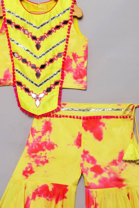 Shop_Tutus By Tutu_Yellow Flat Silk Embroidered Mirror Work Tie Dye Top With Sharara_Online_at_Aza_Fashions