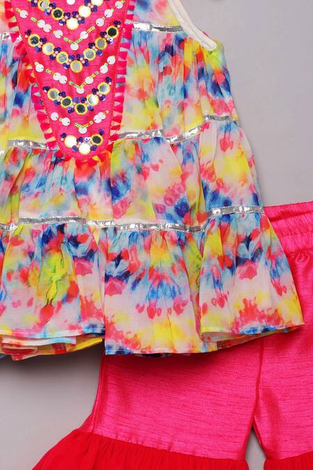 Shop Tutus By Tutu Multi Color Georgette Embroidered Mirror Work Tie Dye Kurta With Sharara Online at Aza Fashions Shop_Tutus By Tutu_Multi Color Georgette Embroidered Mirror Work Tie Dye Kurta With Sharara_Online_at_Aza_Fashions