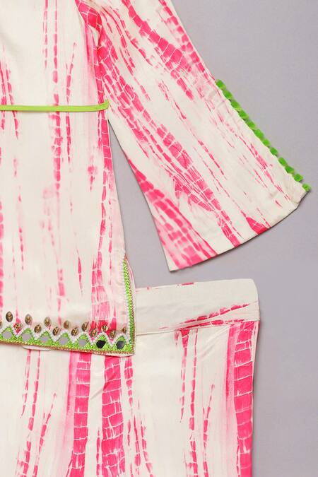 Shop Tutus By Tutu Pink Flat Silk Printed Shibori Kurta Bell Bottom Set Online at Aza Fashions Shop_Tutus By Tutu_Pink Flat Silk Printed Shibori Kurta Bell Bottom Set_Online_at_Aza_Fashions