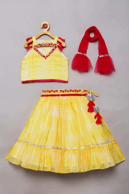 Tutus by Tutu Yellow Georgette Embroidered Mirror Work Shibori Print Lehenga Set 