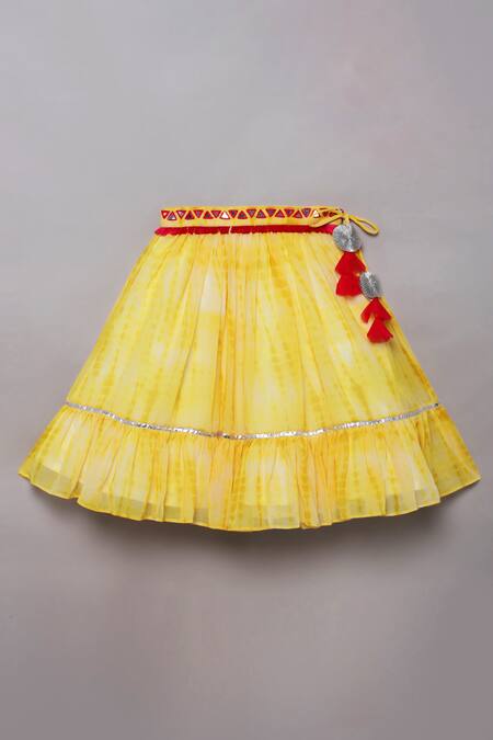 Tutus By Tutu_Yellow Georgette Embroidered Mirror Work Shibori Print Lehenga Set_Online_at_Aza_Fashions