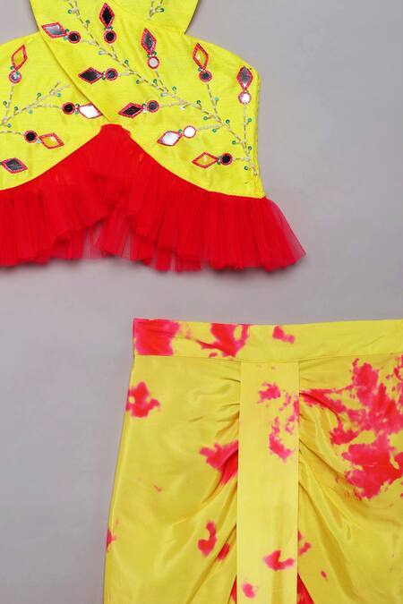Shop_Tutus By Tutu_Yellow Flat Silk Embroidered Mirror Work Tie Dye Top With Draped Skirt_Online_at_Aza_Fashions