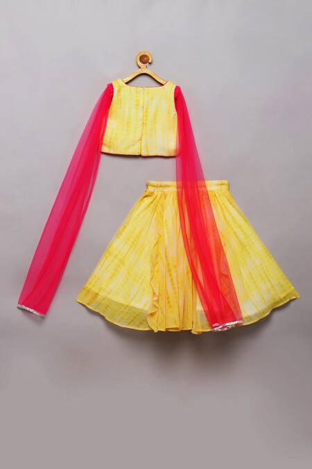 Shop_Tutus By Tutu_Yellow Georgette Embroidered Mirror Work Shibori Print Lehenga Blouse Set_at_Aza_Fashions