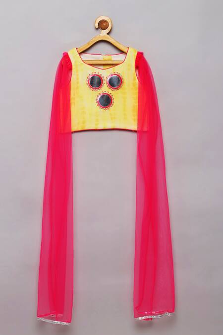 Tutus By Tutu_Yellow Georgette Embroidered Mirror Work Shibori Print Lehenga Blouse Set_Online_at_Aza_Fashions