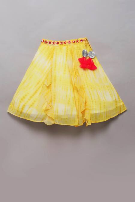 Buy_Tutus By Tutu_Yellow Georgette Embroidered Mirror Work Shibori Print Lehenga Blouse Set_Online_at_Aza_Fashions