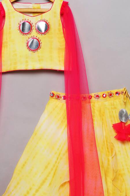 Shop_Tutus By Tutu_Yellow Georgette Embroidered Mirror Work Shibori Print Lehenga Blouse Set_Online_at_Aza_Fashions
