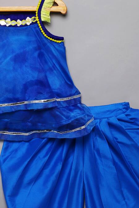 Shop Tutus By Tutu Blue Tafeta Silk Hand Embroidered Mirror Work Kurta With Dhoti Pant Online at Aza Fashions Shop_Tutus By Tutu_Blue Tafeta Silk Hand Embroidered Mirror Work Kurta With Dhoti Pant_Online_at_Aza_Fashions