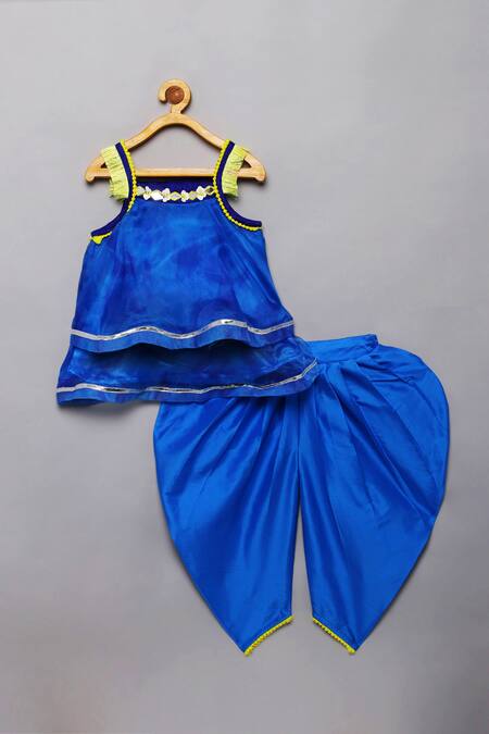Tutus By Tutu Blue Tafeta Silk Hand Embroidered Mirror Work Kurta With Dhoti Pant at Aza Fashions Tutus By Tutu_Blue Tafeta Silk Hand Embroidered Mirror Work Kurta With Dhoti Pant_at_Aza_Fashions