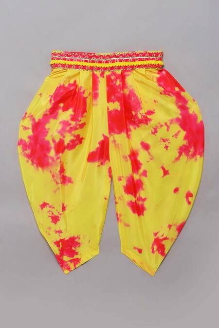 Buy_Tutus By Tutu_Yellow Flat Silk Embroidered Gota Tie Dye Top With Dhoti Pant_Online_at_Aza_Fashions