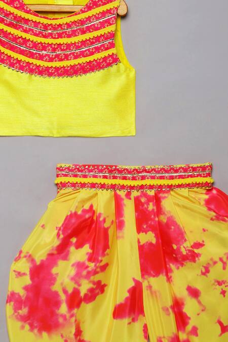 Shop_Tutus By Tutu_Yellow Flat Silk Embroidered Gota Tie Dye Top With Dhoti Pant_Online_at_Aza_Fashions