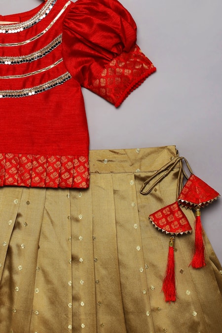 Shop_Tutus By Tutu_Red Raw Silk Embroidered Mirror Work Pattu Lehenga_Online_at_Aza_Fashions