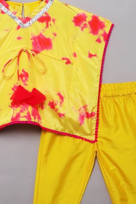 Shop Tutus By Tutu Yellow Flat Silk Tie Dye Kaftan With Pant Online at Aza Fashions Shop_Tutus By Tutu_Yellow Flat Silk Tie Dye Kaftan With Pant_Online_at_Aza_Fashions