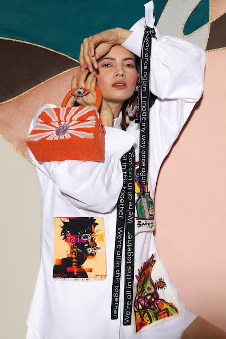 Buy Ankur J White Modal Satin Hand Painted Abstract Collared Pocket Asymmetric Dress Online at Aza Fashions Buy_Ankur J_White Modal Satin Hand Painted Abstract Collared Pocket Asymmetric Dress _Online_at_Aza_Fashions