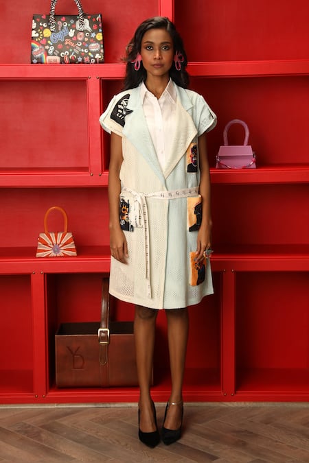 Ankur J Blue Trench Dress Dandg Hand Painted Abstract Overlay Dual Tone With Shirt Online at Aza Fashions Ankur J_Blue Trench Dress Dandg Hand Painted Abstract Overlay Dual Tone With Shirt _Online_at_Aza_Fashions