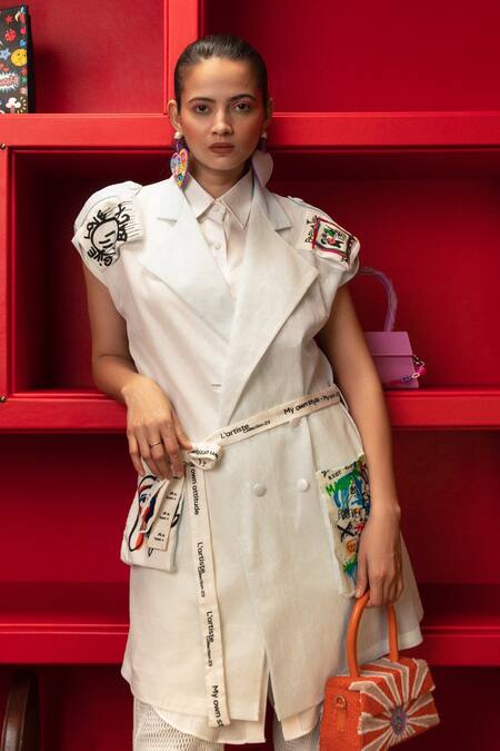 Ankur J White Shacket Jason Hand Painted Abstract Overlay Dual Tone With Jogger Set at Aza Fashions Ankur J_White Shacket Jason Hand Painted Abstract Overlay Dual Tone With Jogger Set _at_Aza_Fashions