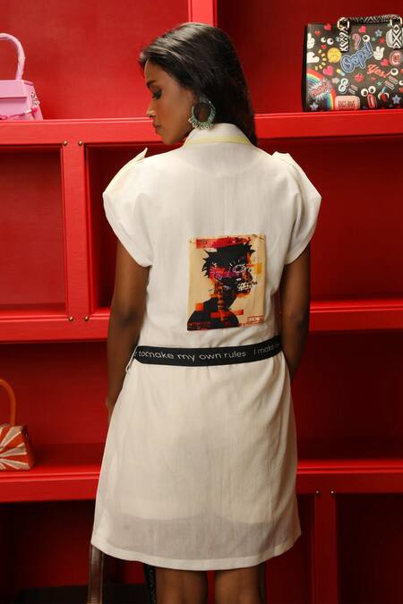Shop Ankur J White Modal Satin Hand Painted Abstract Shacket Overlay Short Dress With Shirt Online at Aza Fashions Shop_Ankur J_White Modal Satin Hand Painted Abstract Shacket Overlay Short Dress With Shirt _Online_at_Aza_Fashions