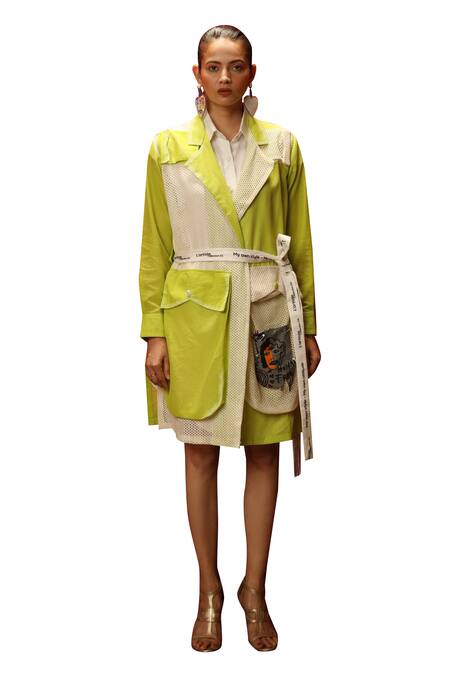 Ankur J Green Modal Satin Hand Painted Abstract Trench Dress Dual Tone With Shirt Online at Aza Fashions Ankur J_Green Modal Satin Hand Painted Abstract Trench Dress Dual Tone With Shirt _Online_at_Aza_Fashions