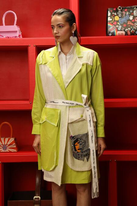 Shop Ankur J Green Modal Satin Hand Painted Abstract Trench Dress Dual Tone With Shirt Online at Aza Fashions Shop_Ankur J_Green Modal Satin Hand Painted Abstract Trench Dress Dual Tone With Shirt _Online_at_Aza_Fashions