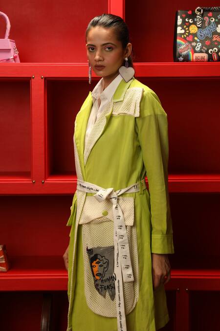 Shop Ankur J Green Modal Satin Hand Painted Abstract Trench Dress Dual Tone With Shirt Shop_Ankur J_Green Modal Satin Hand Painted Abstract Trench Dress Dual Tone With Shirt