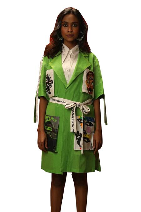 Ankur J_Green Modal Satin Hand Painted Abstract Shacket Dress Drop Sleeves With Shirt _Online_at_Aza_Fashions