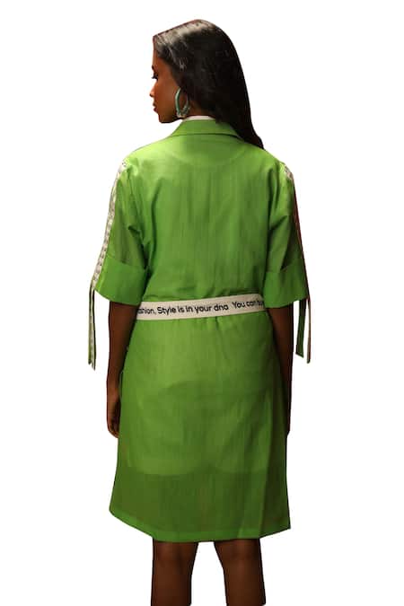Buy_Ankur J_Green Modal Satin Hand Painted Abstract Shacket Dress Drop Sleeves With Shirt 