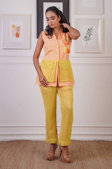 Ankur J Yellow Blazer Top Linen Embroidery Thread V Neck Front With Pant 